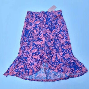 NWT AMANA Women's Floral Wrap Skirt Stretch Ruffle Pink Blue Elastic Waist sz L